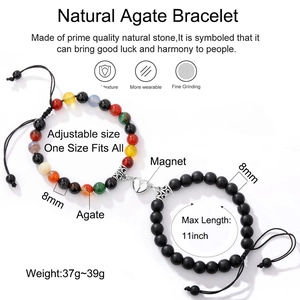 Detailed size chart showing 8mm natural agate beads and adjustable magnetic heart clasp