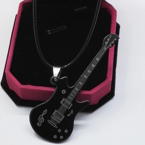 Fashionable black guitar pendant necklace with music note engraving on a black rope chain