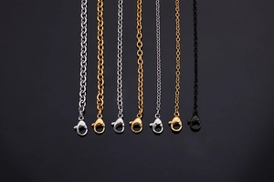 Various styles of stainless steel curb chains in gold, silver, and black with lobster clasps