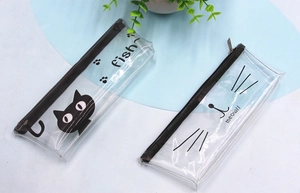 Detail of transparent pencil cases with black cat prints and durable zipper closures