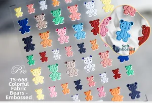 Close-up of 5D colorful teddy bear embossed nail art stickers with matte texture