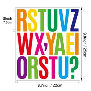 Detailed size guide for 3-inch colorful vinyl alphabet stickers with metric measurements