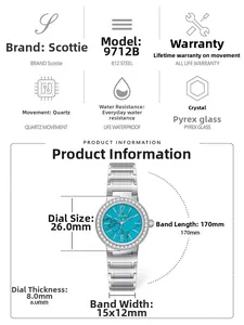 Tableau des tailles pour montre femme à quartz avec strass et cadran bleu turquoise