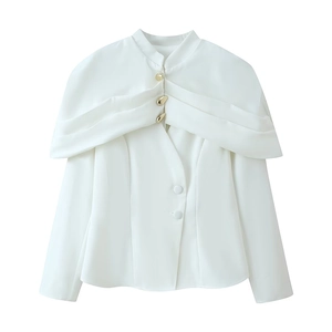 Elegant white women's cape-style blazer with gold buttons and a sophisticated stand collar