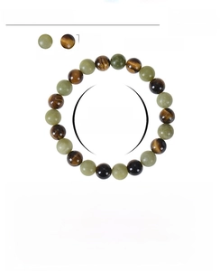 Detail of 8mm tiger eye and jade protection bracelet with size and weight specifications