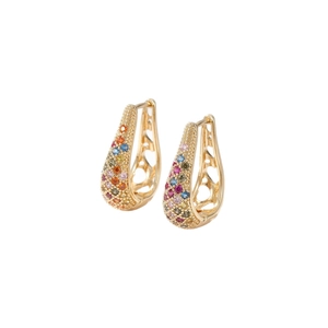Gold U-shaped hoop earrings with colorful pavé crystals and side heart cutouts