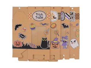Kraft paper Halloween treat boxes with window featuring pumpkin, ghost, and bat patterns