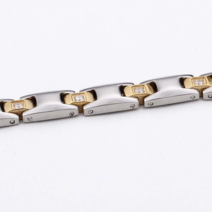 Two-tone gold and silver stainless steel link bracelet with sparkling zircon stones