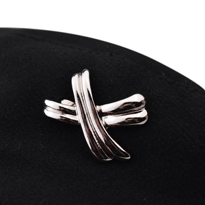 Minimalist wool beret hat for women with silver X-shaped metal cross decorative element