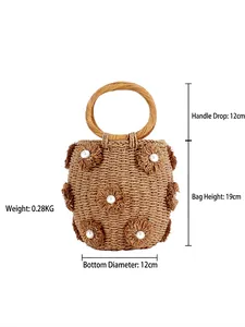 Handmade woven bucket bag with straw flowers and pearls including product dimensions