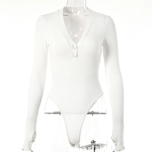 Macro shot of white ribbed knit bodysuit featuring V-neckline and button details