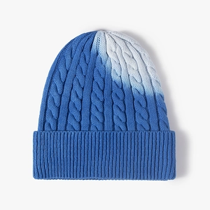 Blue and white gradient cable knit beanie hat with thick ribbed cuff for winter