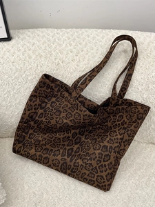 Retro leopard print suede tote bag with large capacity for women's daily commuting