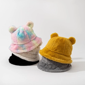 Plush Bucket Hat Faux Fur Warm Winter Bear Ears Cute Solid Color Windproof Outdoor For Women Men