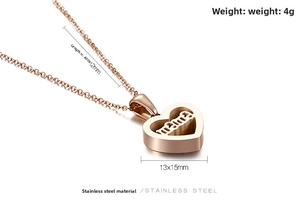 Detailed view of rose gold heart mama pendant with 400mm stainless steel chain dimensions