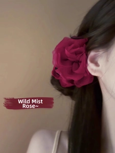 Dettaglio dell'elegante molletta per capelli a rosa rossa indossata da una donna