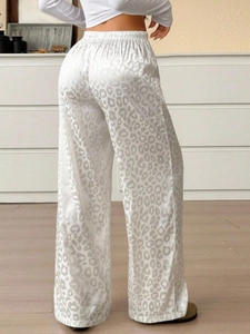 Women's leopard print wide leg pants with elastic waist in comfortable satin fabric