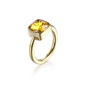 Polished gold titanium steel ring featuring a large faceted yellow square zircon stone