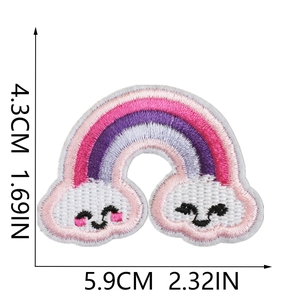 Measurement guide for rainbow cloud embroidery patch with height and width details
