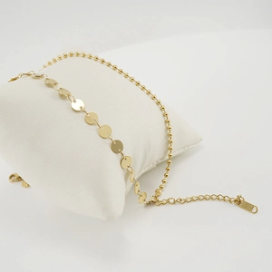 18k gold plated stainless steel double layer anklet with small round discs and beads