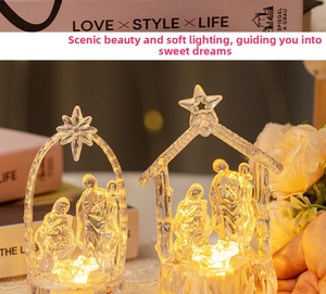 Macro detail of acrylic Nativity scene light with warm LED glow and starry arch shape