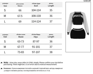 Size chart detail for women's slim fit baseball sweatshirt and mini skirt set
