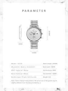 Detailed size parameters of quartz metal watch with 42mm dial and 18mm band width