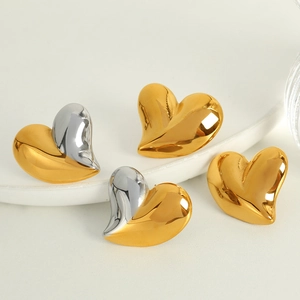 Boucles d'Oreilles Clous Cœur Irrégulier en Acier au Titane pour Femmes Bicolore Or Argent Plaqué Poli Miroir