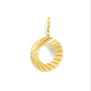 Close-up of golden O-letter pendant with radial texture and ring bail details