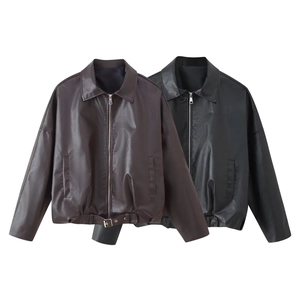 Retro faux leather jackets in brown and black featuring lapels and a belted waist design