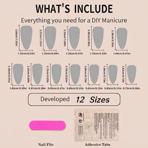 Almond press-on nail kit size chart with 12 sizes, glitter wave finish, file and glue tabs