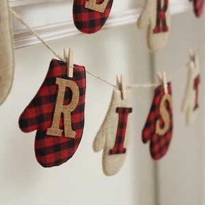 Christmas rustic glove banner with red plaid and burlap letters on natural hemp rope