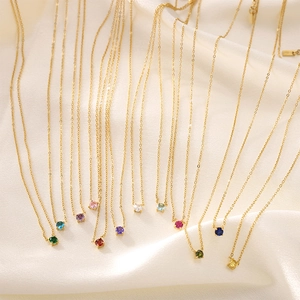 Multi-colored round birthstone necklaces with 18K gold plated titanium steel chain