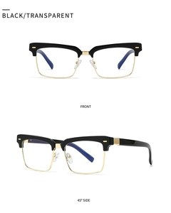 Detailed front and side view of classic black and gold browline square sunglasses