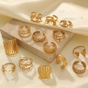 13-piece vintage 18k gold plated stainless steel ring set with heart and star designs