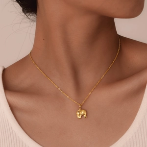 Close-up of golden elephant pendant necklace with textured detail on model