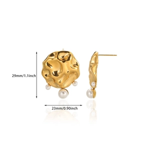 Macro view of gold lava texture stud earring with pearls and 29mm size measurements