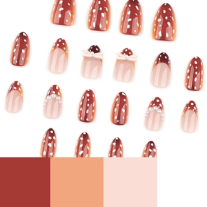 Faux ongles marrons à pois blancs, nœuds 3D roses et perles, forme d'amande élégante