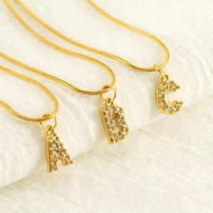 Initial Alphabet Pendant Necklace Stainless Steel Gold Plated Rhinestone Encrusted Snake Chain Fashion Jewelry For Women