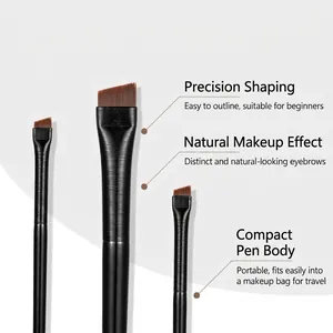 Three-piece angled eyeliner and eyebrow brush set with black matte handles and synthetic fibers