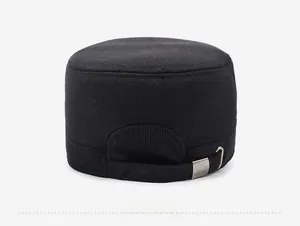 Rear view of black wool military cap featuring adjustable metal buckle strap detail