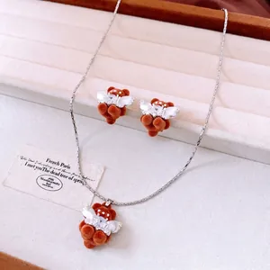 Cute brown flocked bear jewelry set with zircon necklace and matching stud earrings