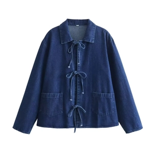 Veste en jean bleu foncé pour femme avec col à revers et trois nœuds de serrage devant