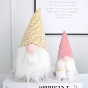 Pink velvet and yellow knit Swedish Gnomes set with white beards and soft plush texture