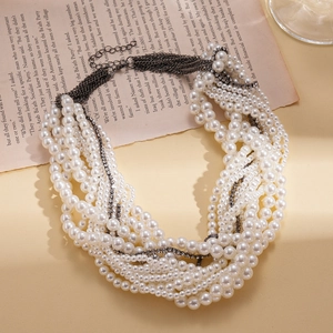 Elegant multi-layer baroque faux pearl necklace with rhinestone-encrusted metal chains