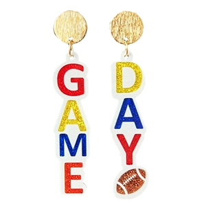 Sparkly Game Day rugby earrings with colorful glitter letters and bow elements