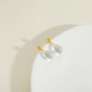 Minimalist gold ball earrings with frosted transparent water drop pendants for women