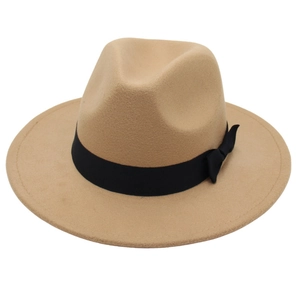Classic camel wool felt fedora hat with black wide ribbon and bow for autumn and winter