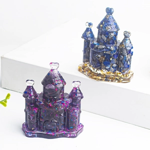Fairy castle resin ornaments with amethyst crystals and gold flakes for home desk decor