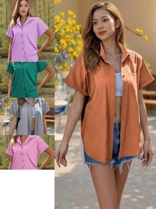 Chemisier Femme À Manches Courtes Chemise Décontractée Avec Col À Revers Et Poche Poitrine Haut D'été Uni